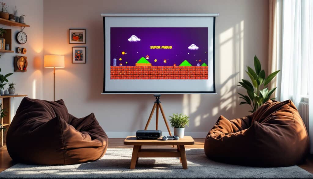 transformez votre espace en un véritable sanctuaire du jeu rétro grâce à notre projecteur à seulement 100 $ ! profitez de vos classiques préférés dans une ambiance nostalgique et immersive. idéal pour les soirées entre amis ou les moments de détente, ce projecteur vous fera revivre les meilleures époques du jeu vidéo.